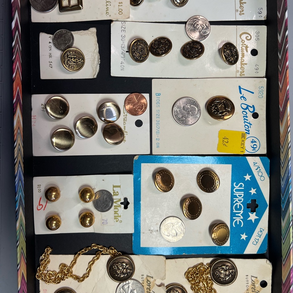 Vintage Gold/Brass Tone (26) Buttons (1) Buckle-Attached to card, new old stock